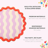 Packed Party Wavy Wishes 10ct Paper Dinner Plates | Gold Foil Scalloped Edge Birthday Party Plates |10 Inch Red and Purple Plates