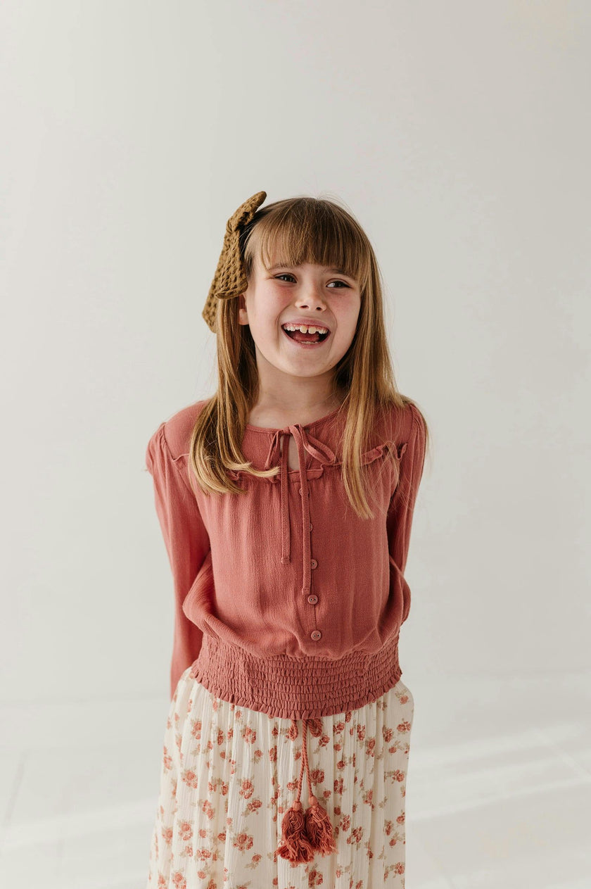 Girls Peasant Blouson Long Sleeve Top in Brick Dust