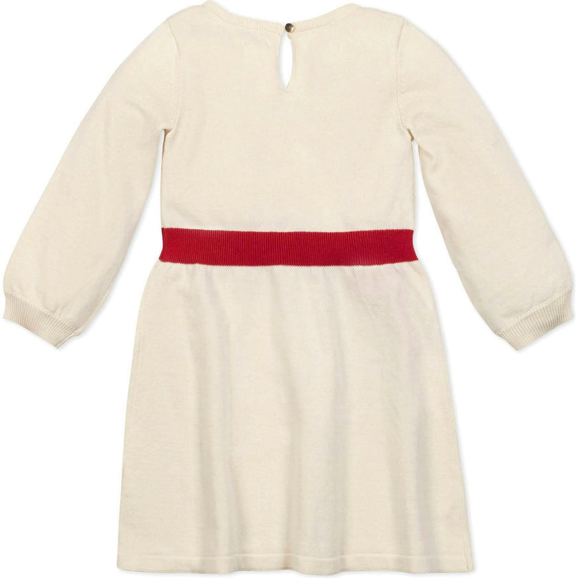 Organic Embroidered Skater Sweater Dress with Bow, White