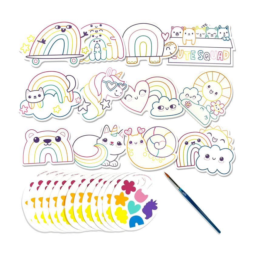 Playful Painters Easy Watercolor Painting Kit - Rainbow Cuties - 12 Cards 12 Palettes 1 Paintbrush