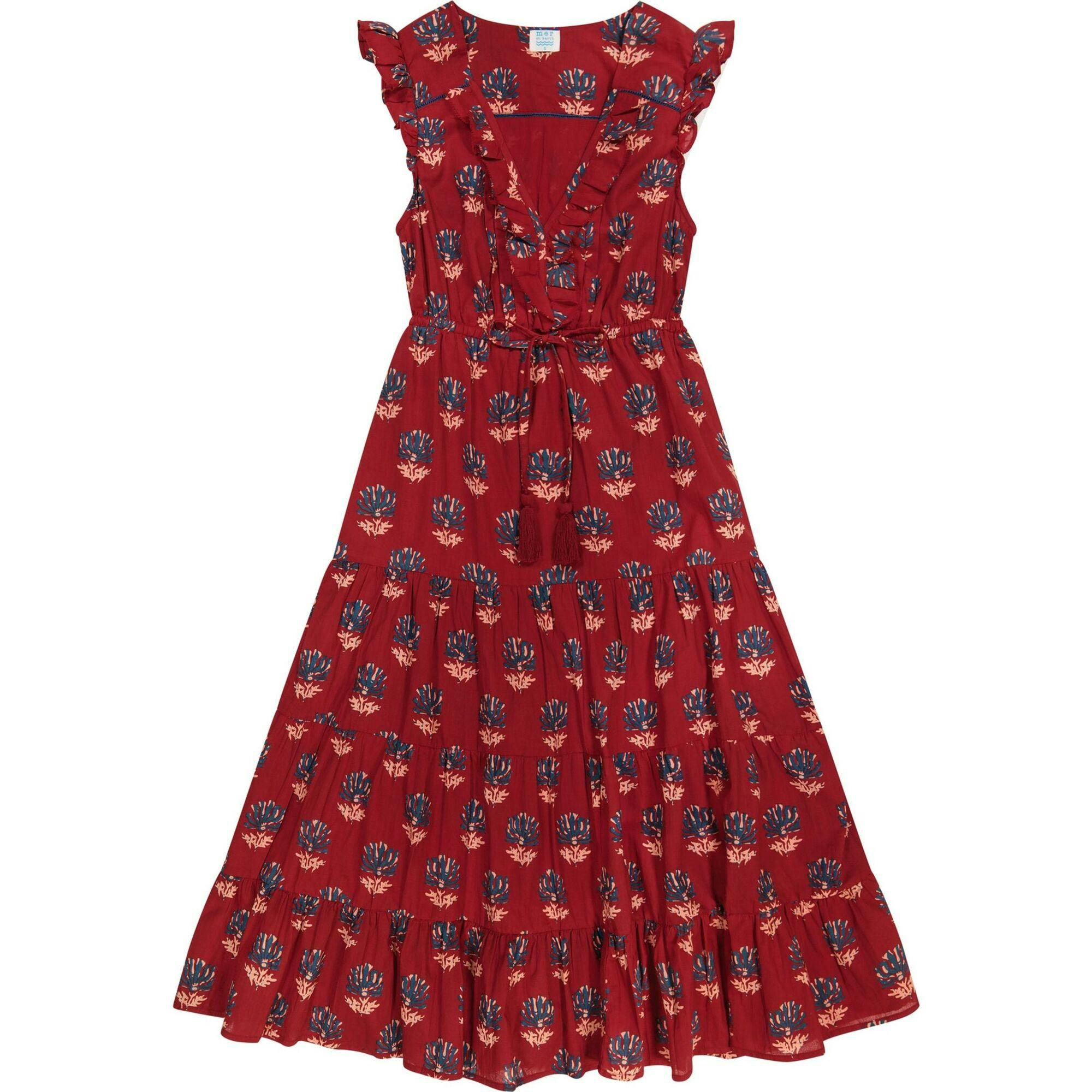 Women's Giselle Ruffle V-Neck Elastic Waist Flutter Sleeve Maxi Dress, Red