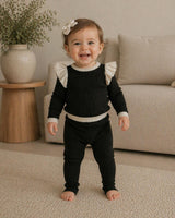 Contrast Trim & Shoulder Ruffle Top & Pant 2-Piece Set