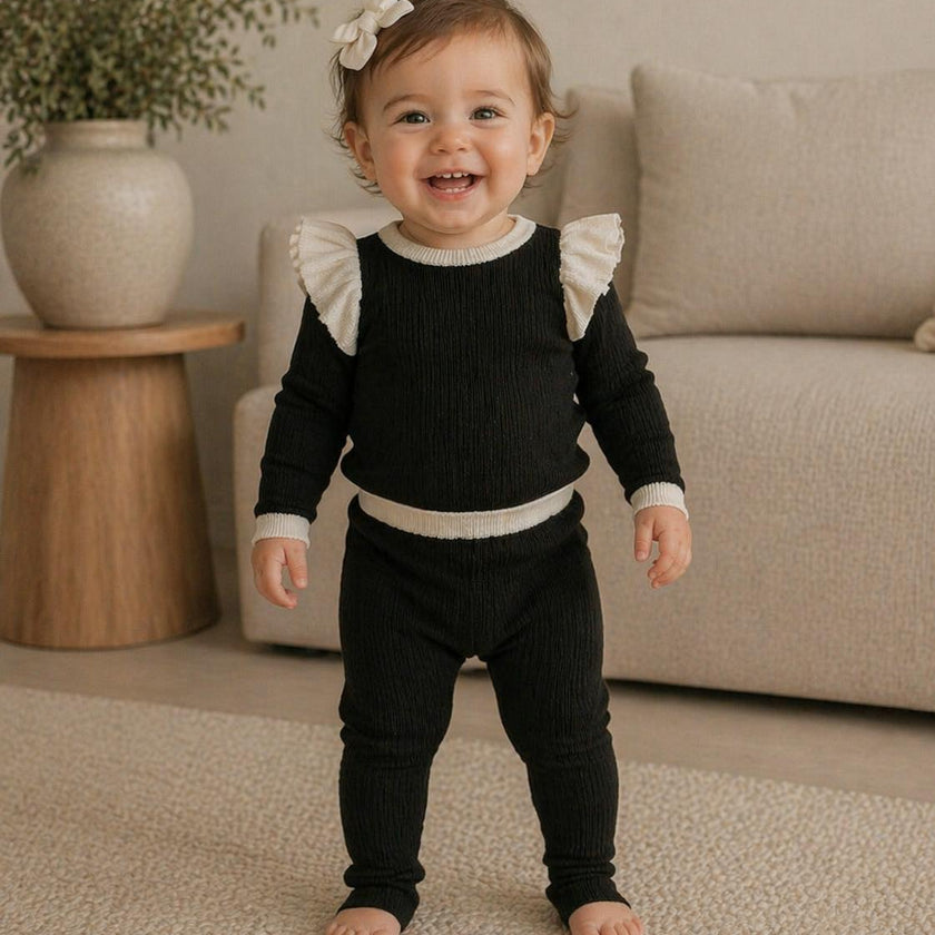 Contrast Trim & Shoulder Ruffle Top & Pant 2-Piece Set