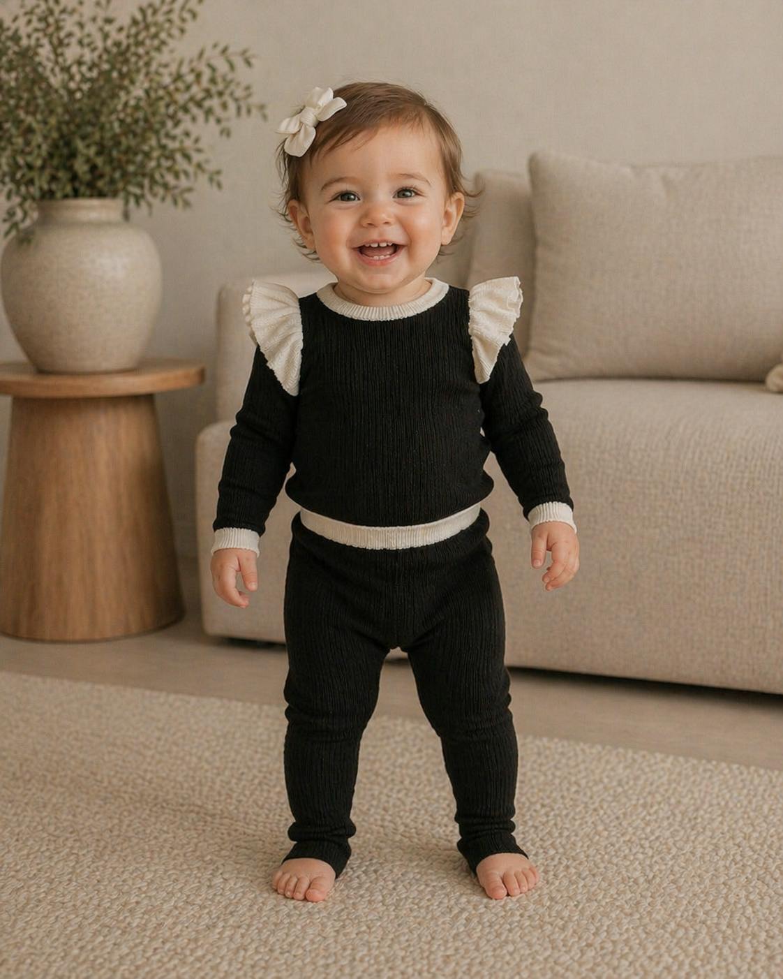 Contrast Trim & Shoulder Ruffle Top & Pant 2-Piece Set