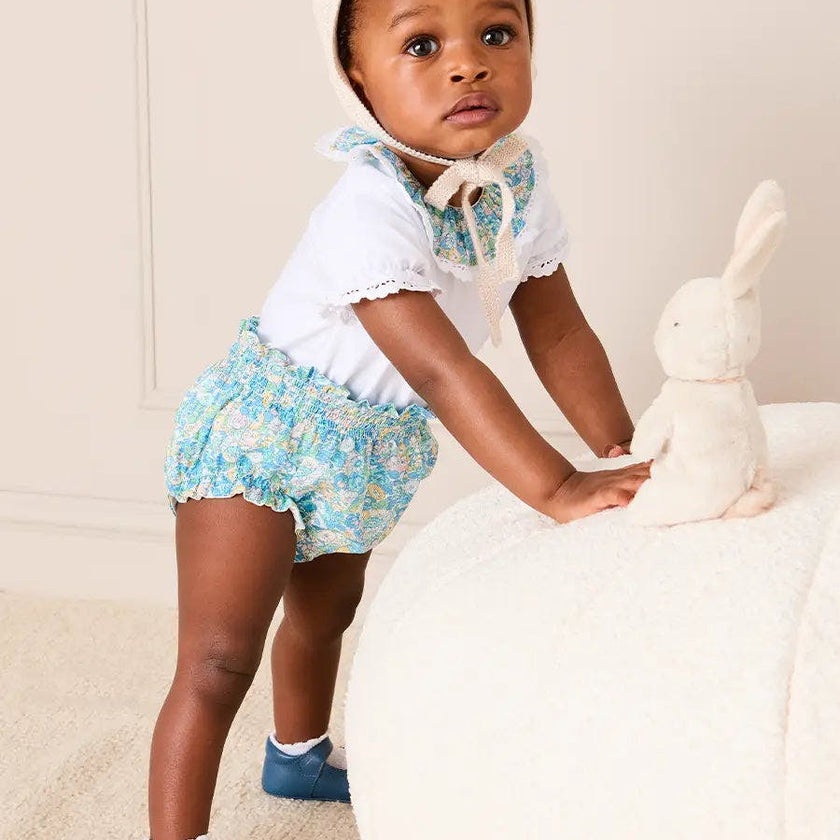 Leontyne Floral Ruffle Collar Lace Detail Bodysuit in Blue Made with Liberty Fabric (1mth-3yrs)