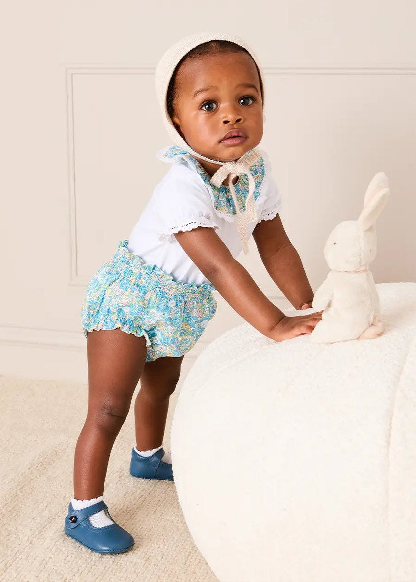 Leontyne Floral Ruffle Collar Lace Detail Bodysuit in Blue Made with Liberty Fabric (1mth-3yrs)