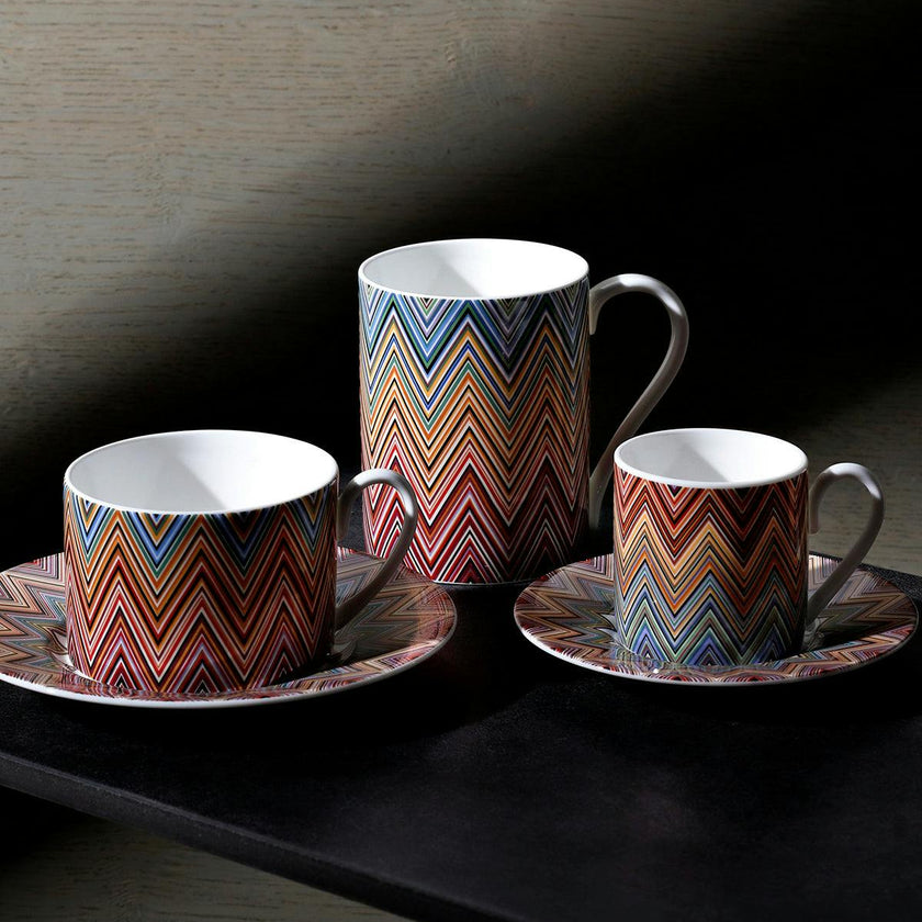 Tea Cup & Saucer ZIG ZAG Set of 2 in Luxury Box Jarris 156 diam. 3.3", H 2.3", cap. 7.5 oz, Saucer diam. 6"