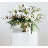 Winter White Magnolia, Pine & Snowberry Christmas Arrangement Centerpiece in Antiqued Silver Metal Urn