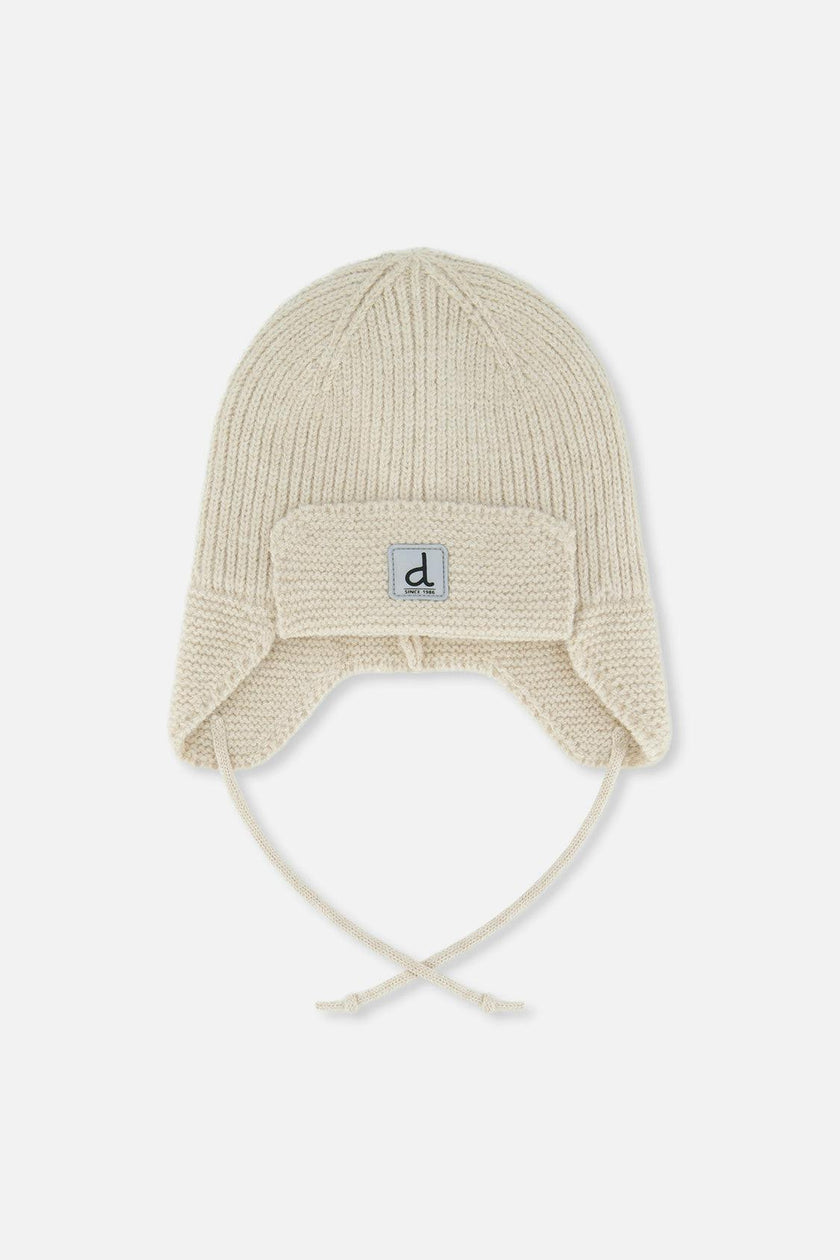 Baby Winter Knit Hat With Ear Flaps And Strings Beige