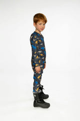 One Piece Thermal Underwear Grey and Blue Dinosaur Print