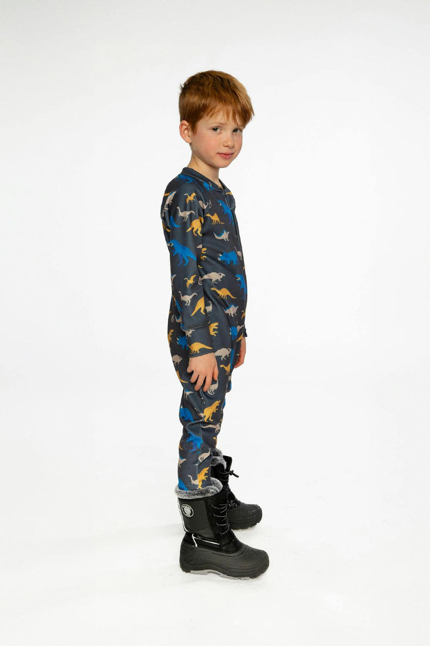 One Piece Thermal Underwear Grey and Blue Dinosaur Print