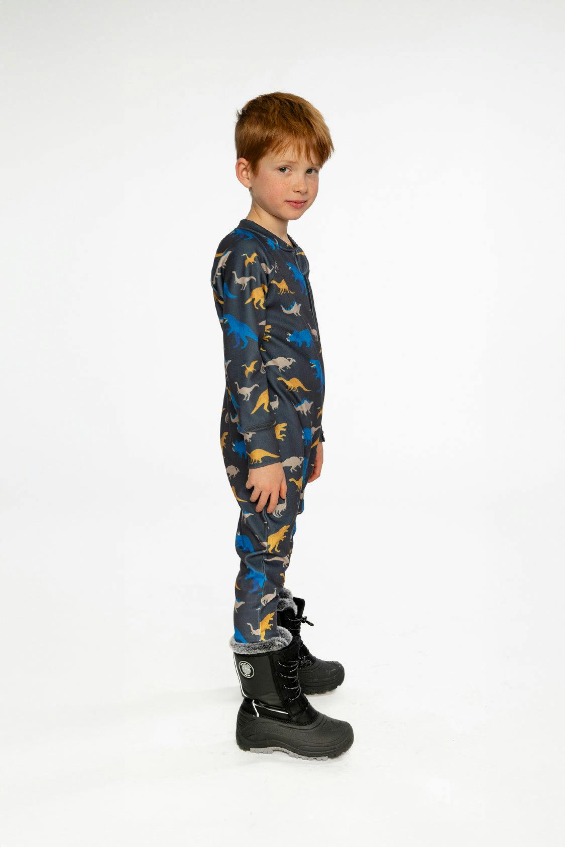 One Piece Thermal Underwear Grey and Blue Dinosaur Print
