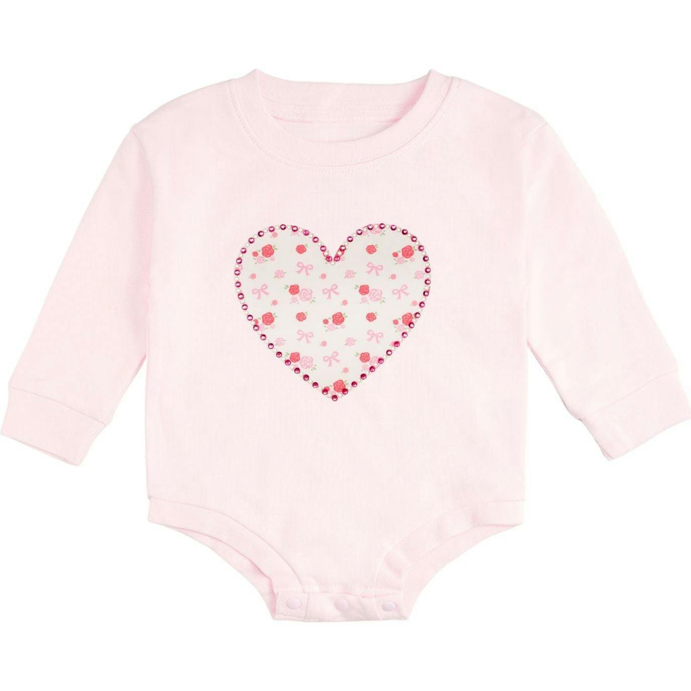 Dainty Rose Pearl Heart Patch Long Sleeve Romper