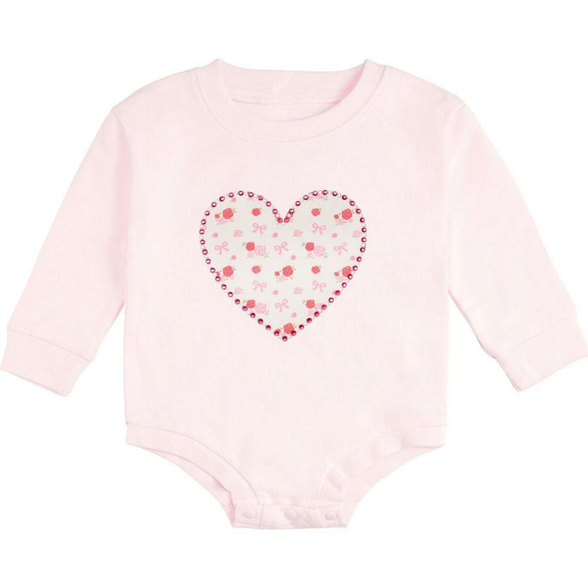 Dainty Rose Pearl Heart Patch Long Sleeve Romper
