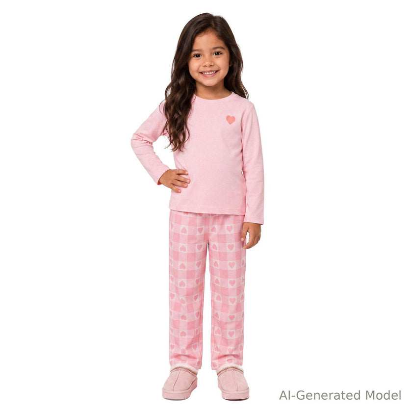 Girls Pajama Set | Heart Plaid - Pink