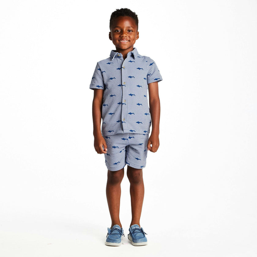Boys Short Sleeve Cabana Set | Navy Stripe Shark