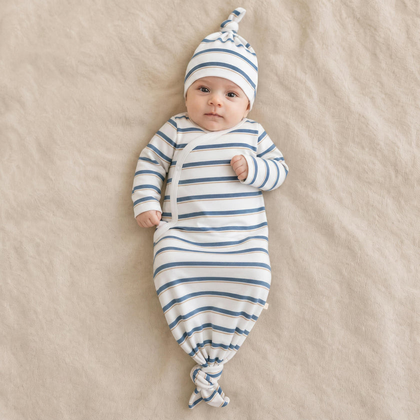 Organic Kimono Knotted Sleep Gown - Navy Stripe