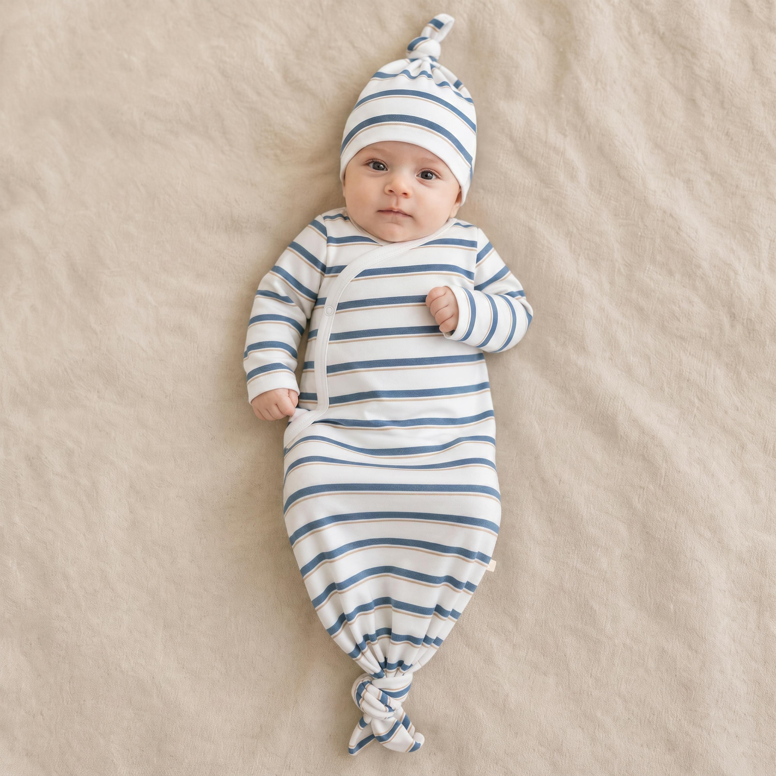 Organic Kimono Knotted Sleep Gown - Navy Stripe