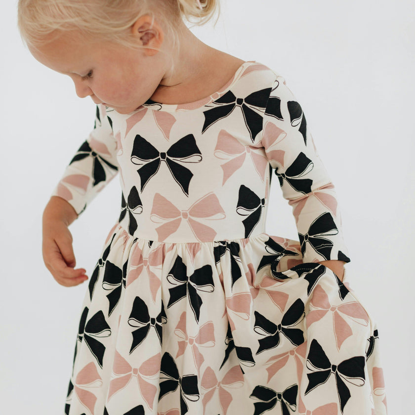 3/4 Sleeve Twirl Dress in Vintage Pink and Black Bows