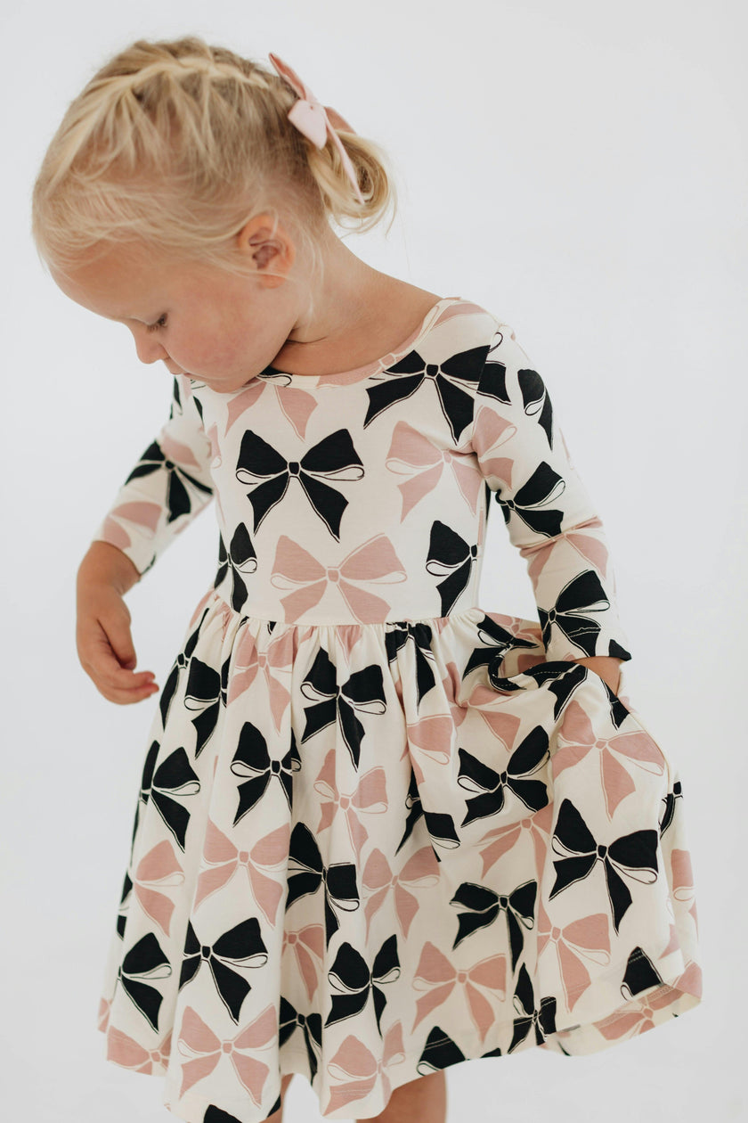 3/4 Sleeve Twirl Dress in Vintage Pink and Black Bows