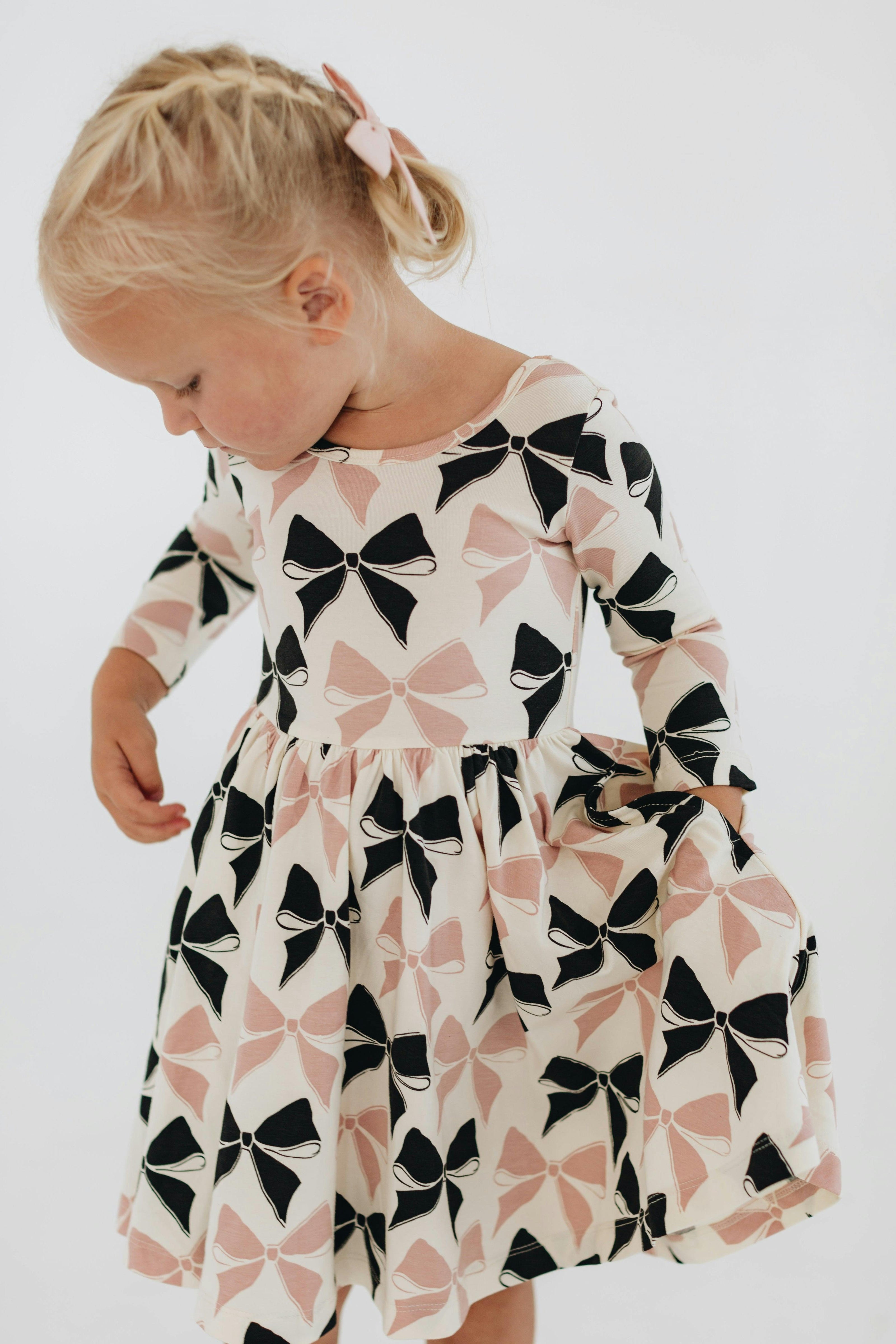 3/4 Sleeve Twirl Dress in Vintage Pink and Black Bows