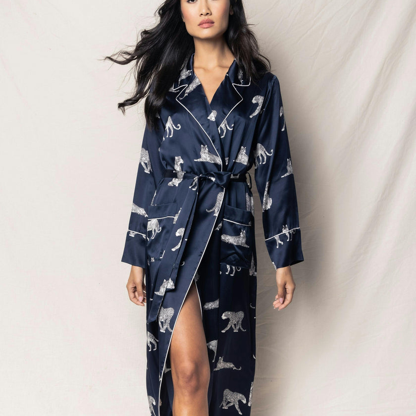 Women's Silk Long Robe in Panthère de Nuit