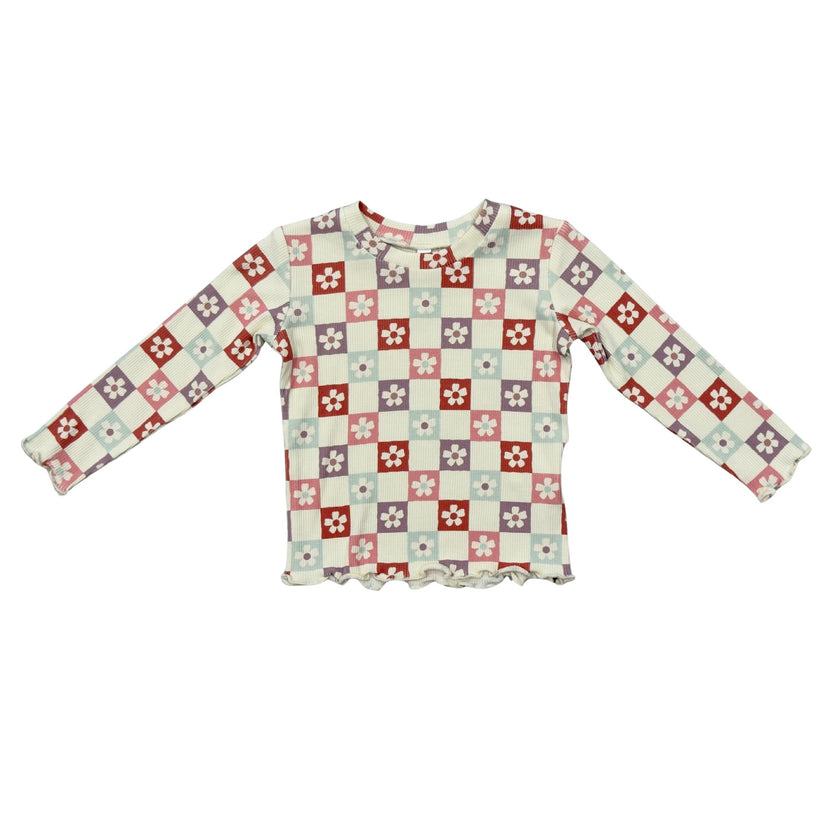 Girls Lettuce Hem Tee in Wavy Daisy Checkered
