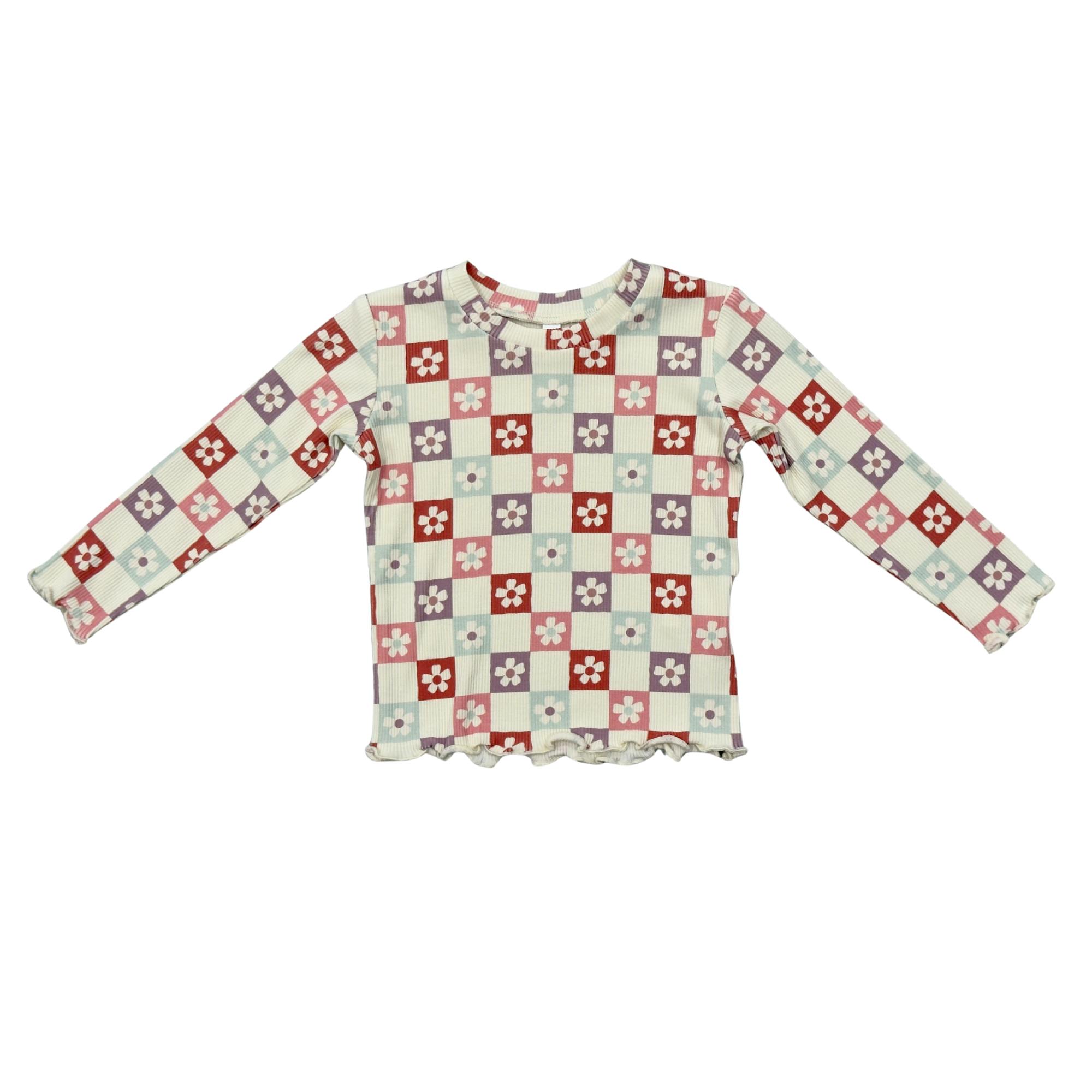 Girls Lettuce Hem Tee in Wavy Daisy Checkered