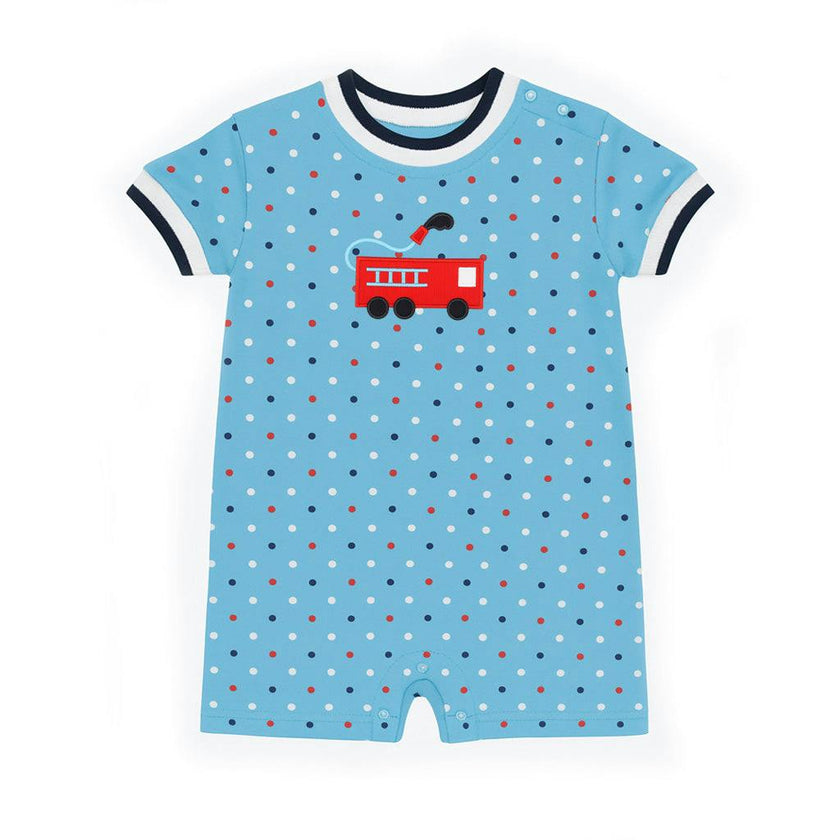 Printed Knit Shortall With Fire Truck