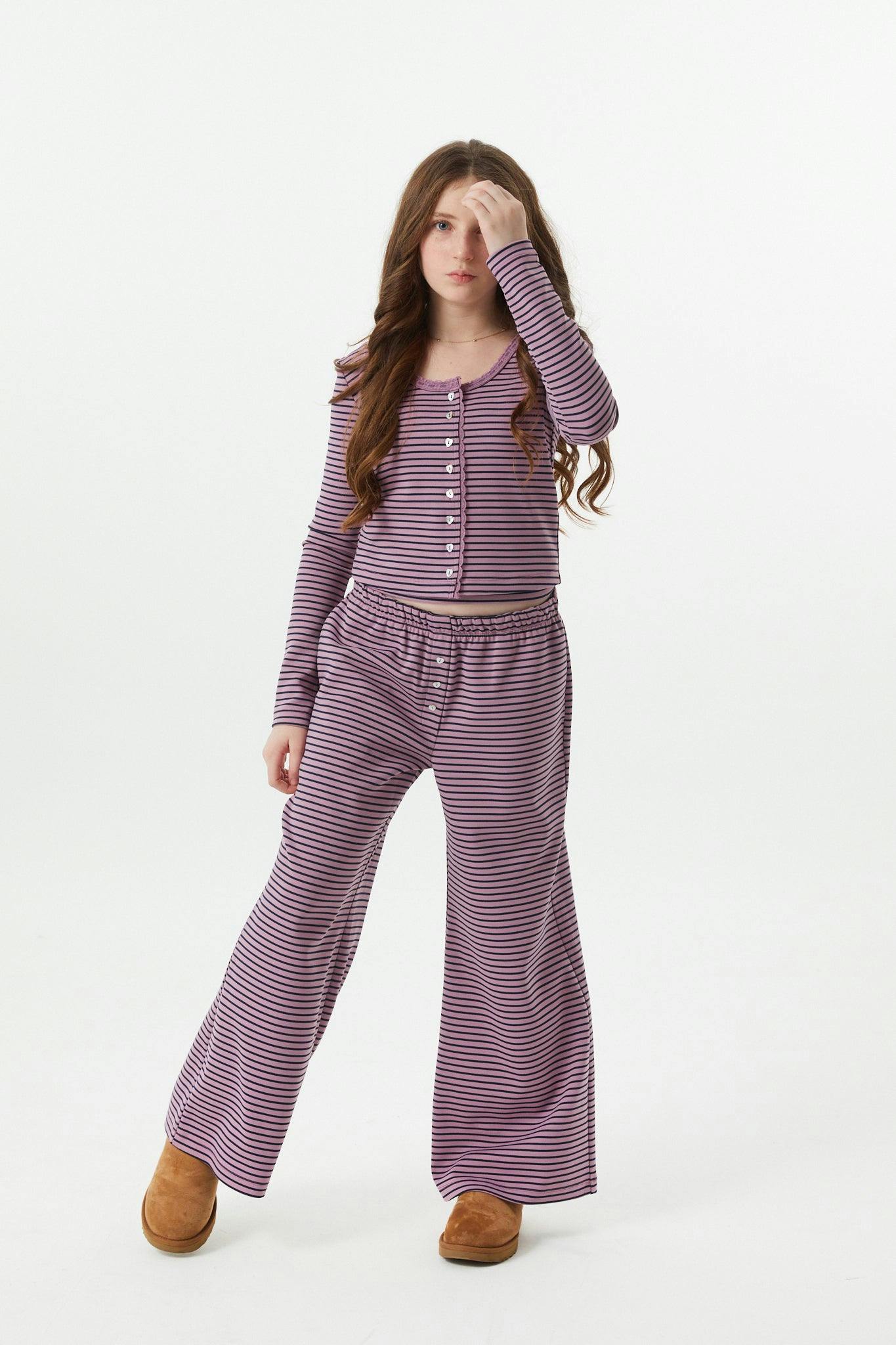 Dylan Mauve and Navy Stripe Wide Leg Pants