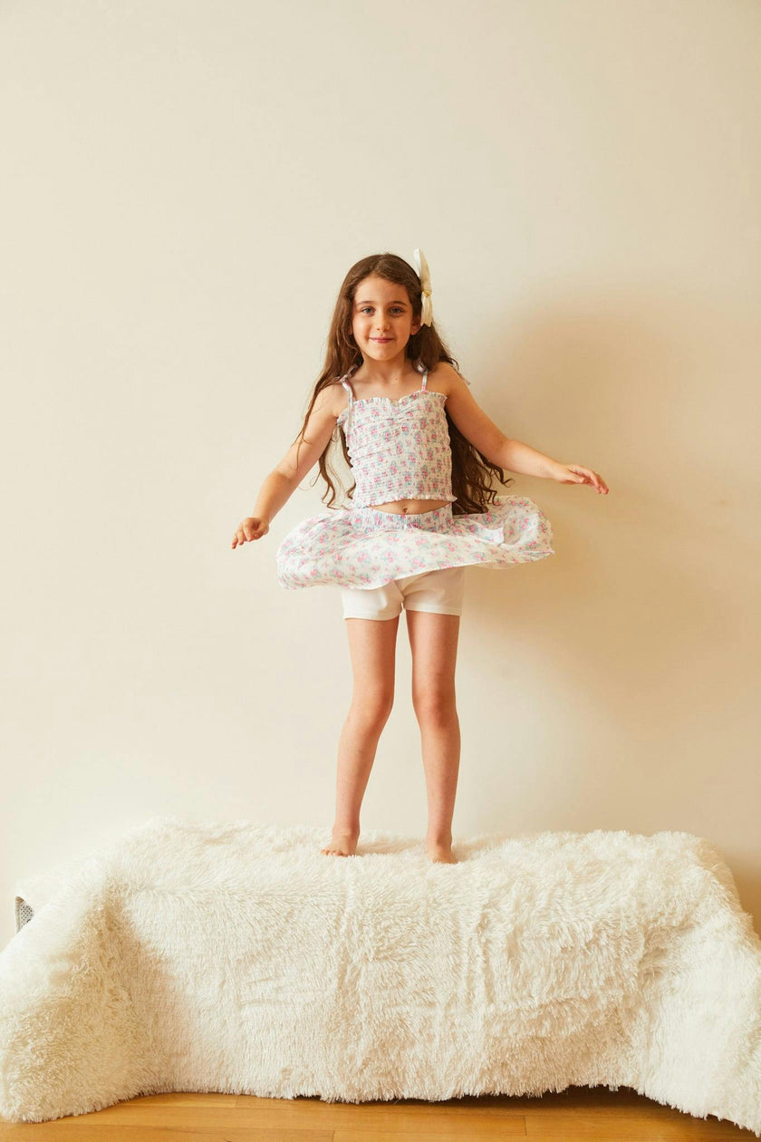Georgia Romantic Rose White With Pink Satin Smocked Top