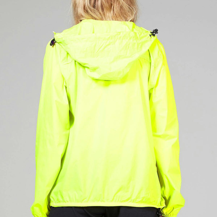 Yellow fluo full zip packable rain jacket and windbreaker