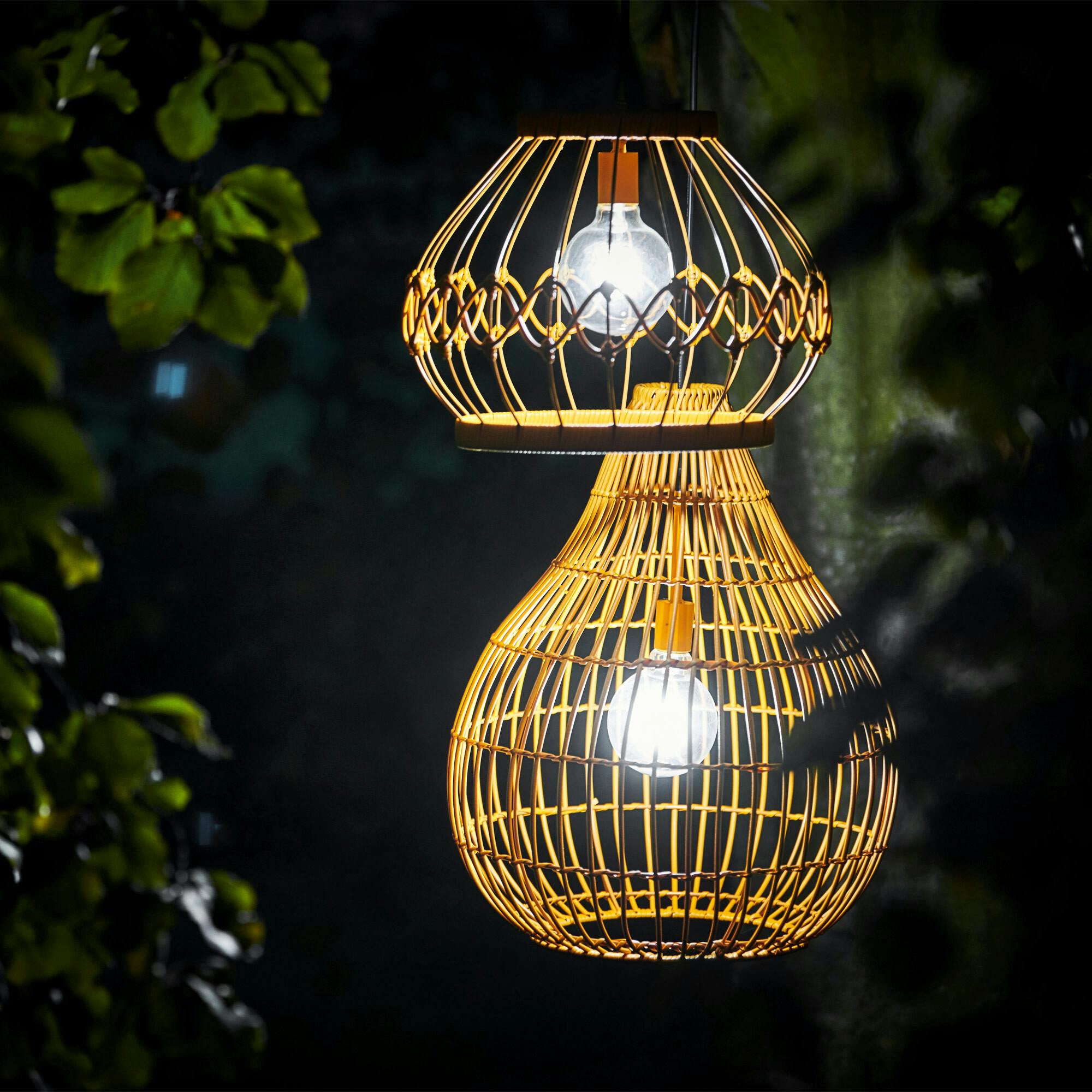 Outdoor Solar Powered Open Wicker Hanging Lantern Shaped Pendant Light With Dimmable Bulb And Remote Control With Multiple Modes And Levels
