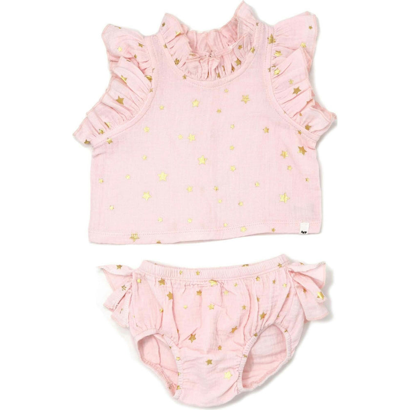 Mini Gold Stars Gauze Lola Top Ruffle Tushie Set