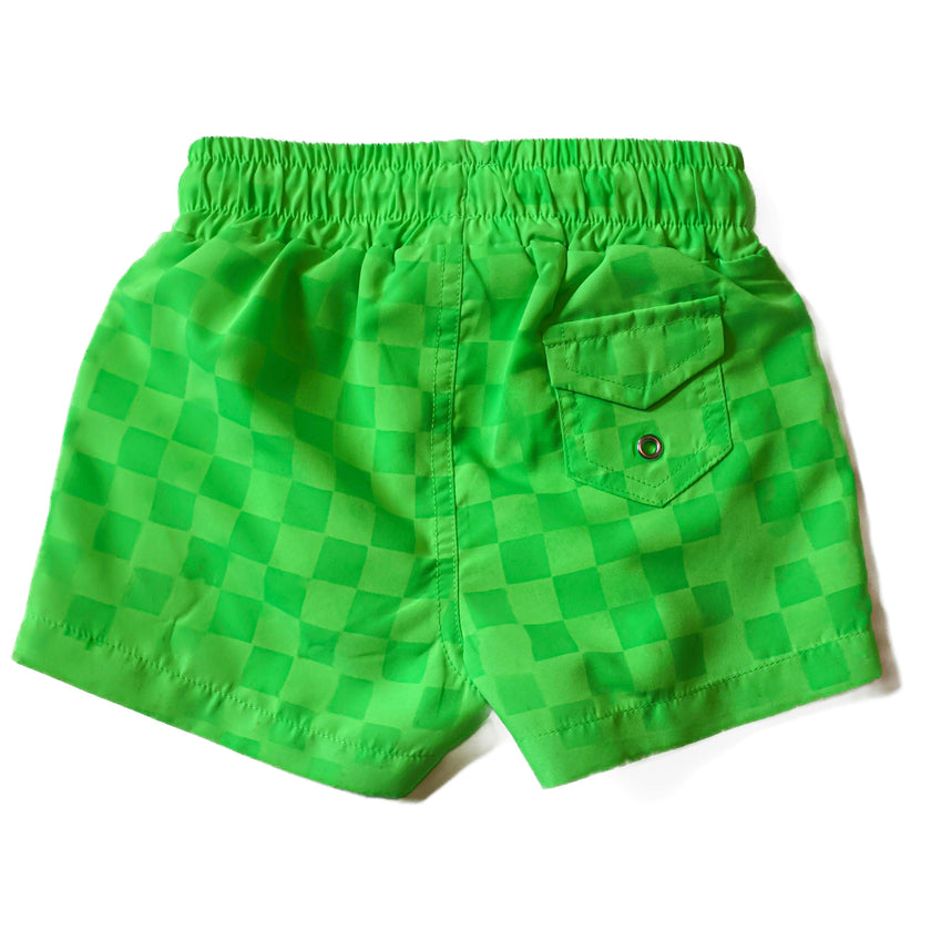 Neon Green Checker Swim Trunks