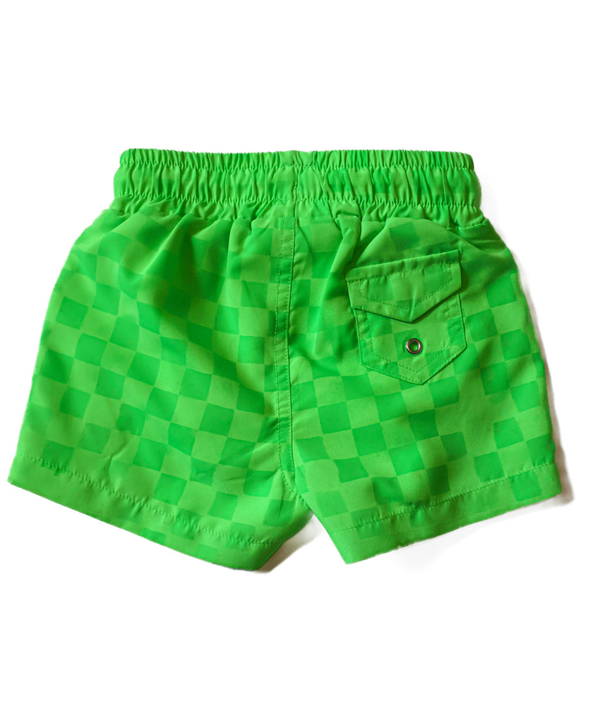 Neon Green Checker Swim Trunks