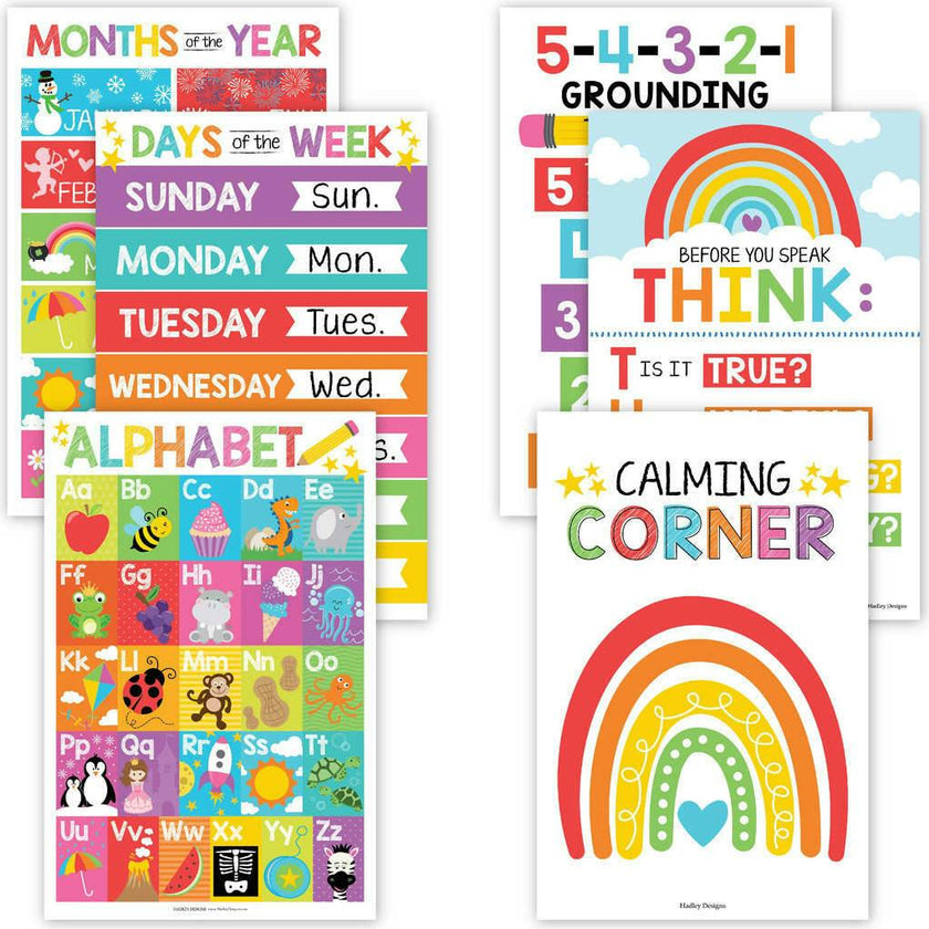 16-Piece Laminated Colorful Prek & Kindergarten Posters & 8-Piece Calming Corner Posters