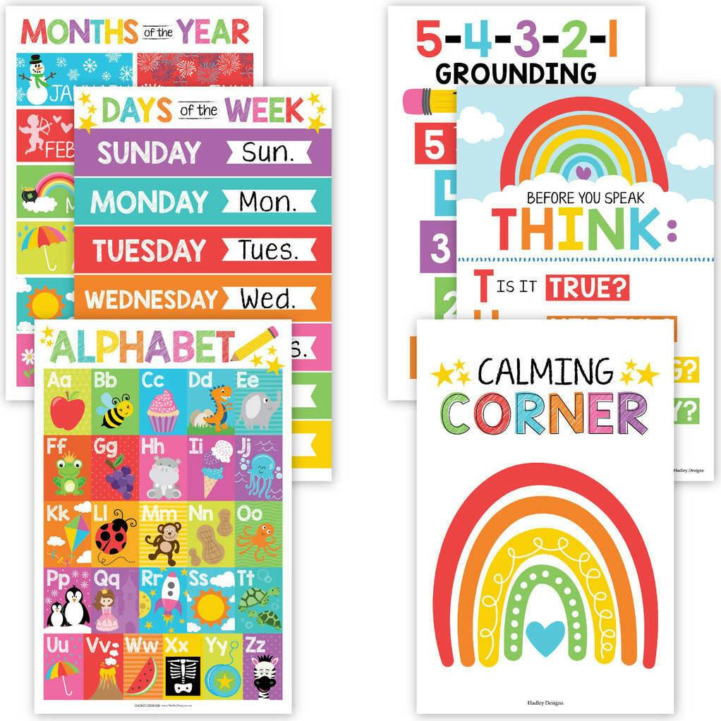 16-Piece Laminated Colorful Prek & Kindergarten Posters & 8-Piece Calming Corner Posters