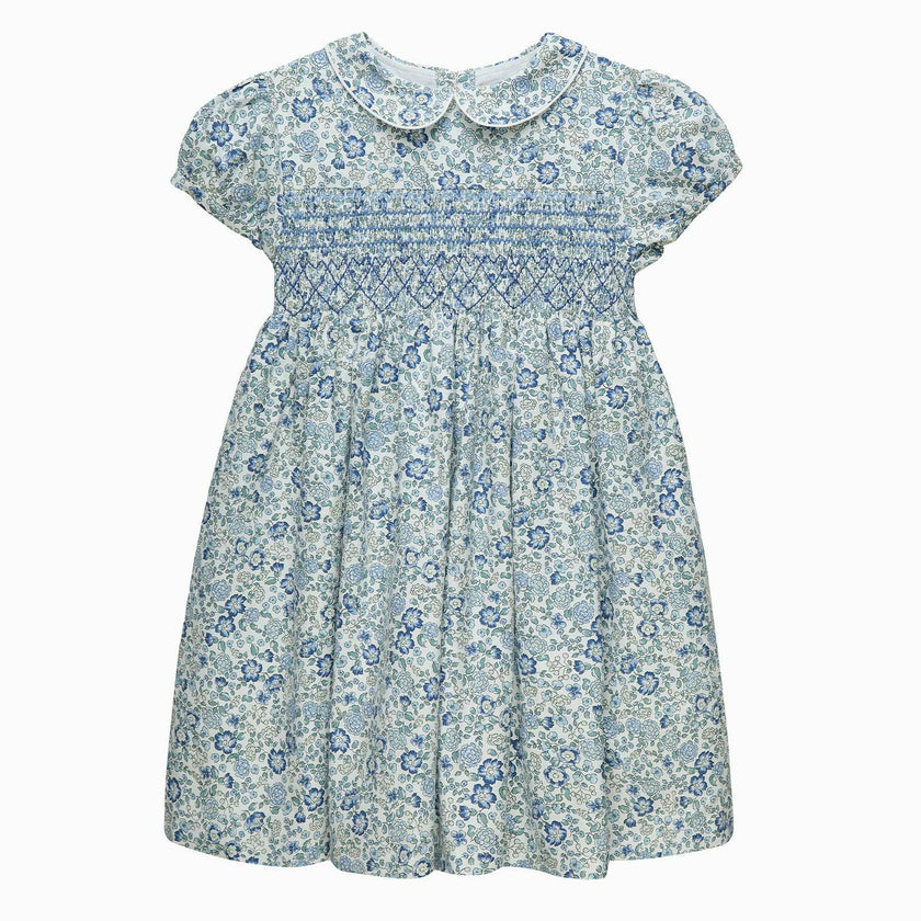 Arabella Floral Smocked Dress in Blue