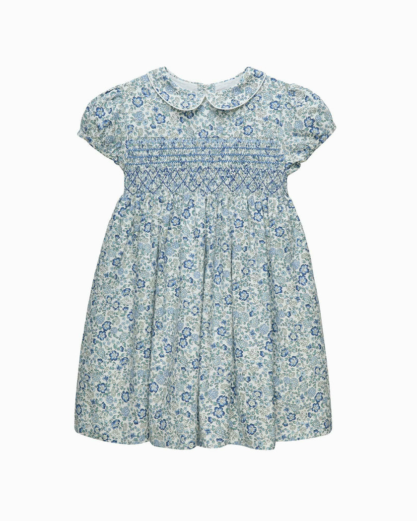 Arabella Floral Smocked Dress in Blue