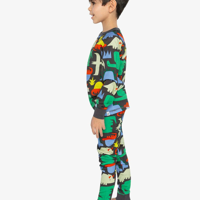 Organic Cotton Two Piece Pajama Set Black Dinosaur Print