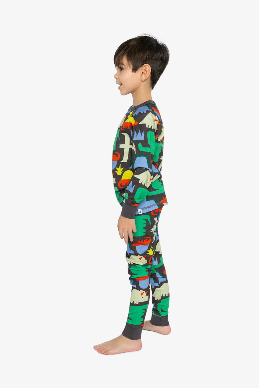 Organic Cotton Two Piece Pajama Set Black Dinosaur Print