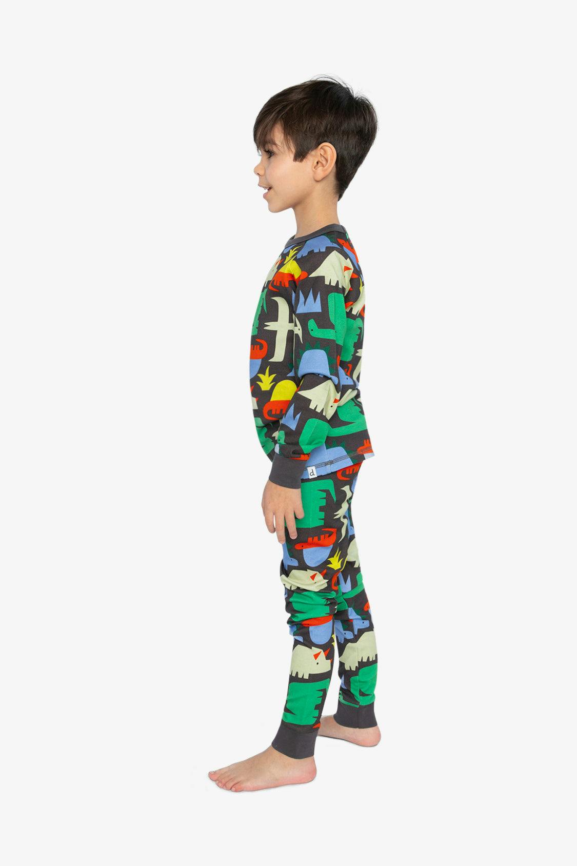 Organic Cotton Two Piece Pajama Set Black Dinosaur Print
