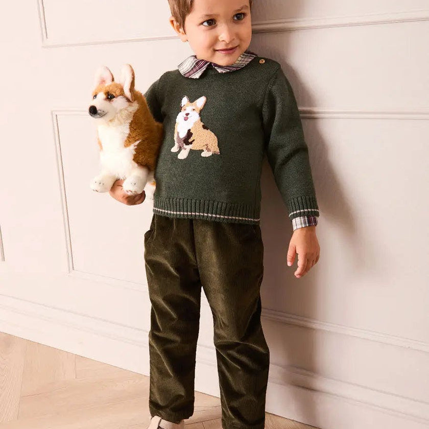 Corgi Embroidered Button Detail Jumper in Green (18mths-10yrs)