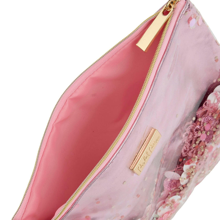 Packed Party Back to Fun Pink Bow Confetti Everything Pouch – Metallic Leatherette with Confetti-Trapped Vinyl Front, Spot Clean, 8.75x7.65 Inch