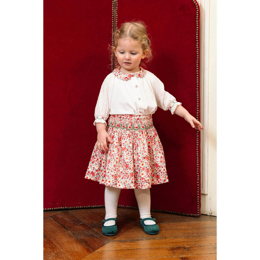 Marie Red Floral Smocked Skirt and Blouse Set