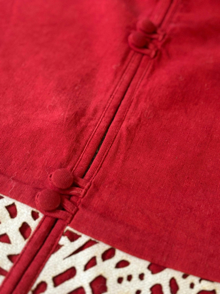 Handmade Linen Precision Cut Red Christmas Tree Skirt, 60"