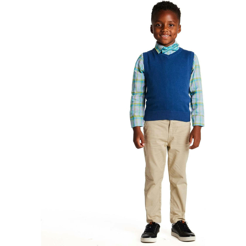 Boys 4-Piece Vest Set | Navy & Khaki Plaid