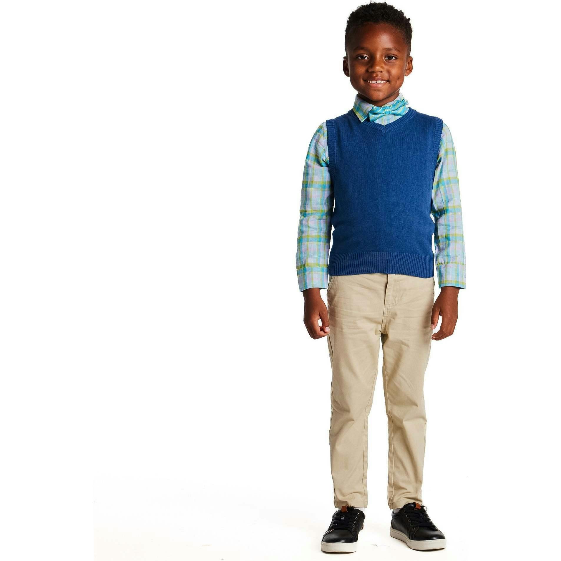 Boys 4-Piece Vest Set | Navy & Khaki Plaid