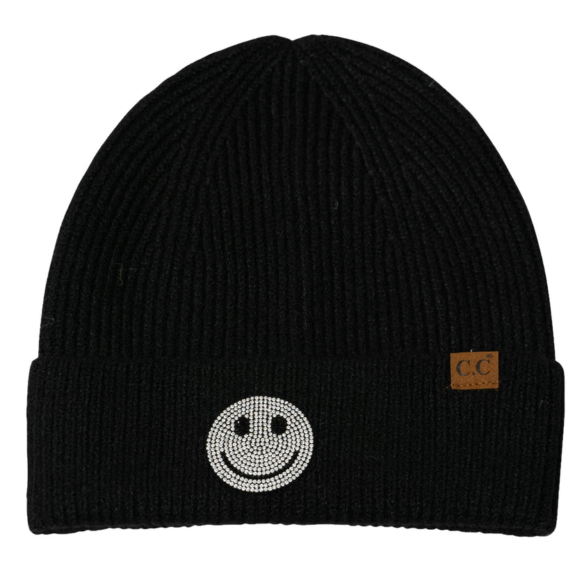 Beanie with Rhinestone Happy Face Patch